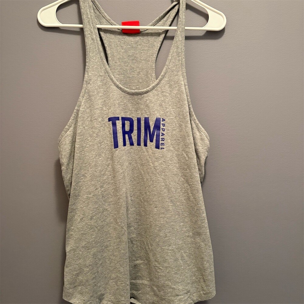 TRIM Apparel Tank Top Womens Size M Heather Gray Racerback Logo Graphic